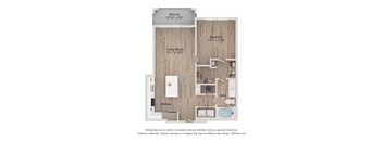 A floor plan of a house with a living room, kitchen, bathroom, bedroom and balcony.