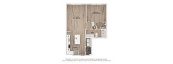 A floor plan of a bedroom, living area, and kitchen.