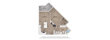 A floor plan of a house with a living area, kitchen, bath, and bedroom.