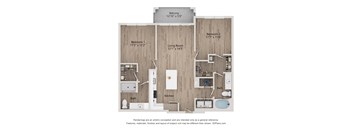 A floor plan of a home with a living room, two bedrooms, a kitchen, and a bathroom.