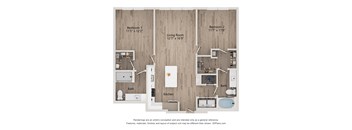 A 3D floor plan of a house with a kitchen, living room, and two bedrooms.