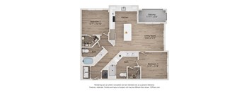 A floor plan of a house with a living room, two bedrooms, a kitchen, a bathroom, and a balcony.