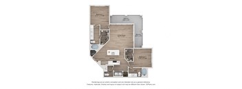 A floor plan of a house with two bedrooms, a living room, a kitchen, a bathroom, and two balconies.