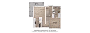 A floor plan of a house with a living room, kitchen, and two balconies.