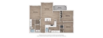 A 3D floor plan of a house with a balcony, three bedrooms, a living room, a kitchen, and two bathrooms.
