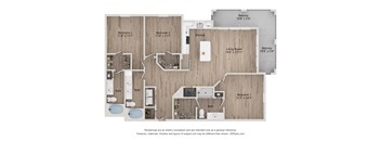 A floor plan of a house with three bedrooms, a living room, a kitchen, and two bathrooms.