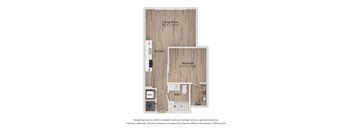 A floor plan of a small apartment with a living room, kitchen, bathroom, and bedroom.