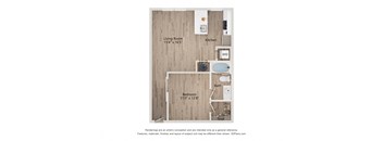 A floor plan of a small apartment with a living room, kitchen, bathroom, and bedroom.
