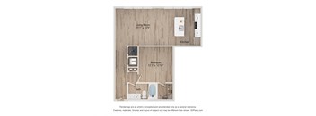 A floor plan of a small apartment with a living room, kitchen, bedroom, and bathroom.
