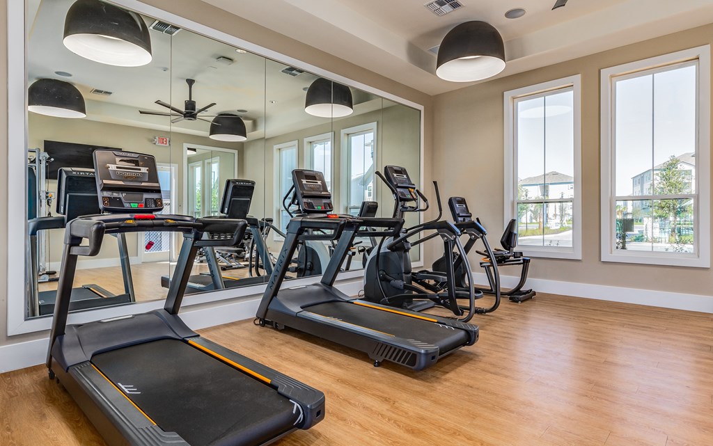 a gym with treadmills and mirrors and windows