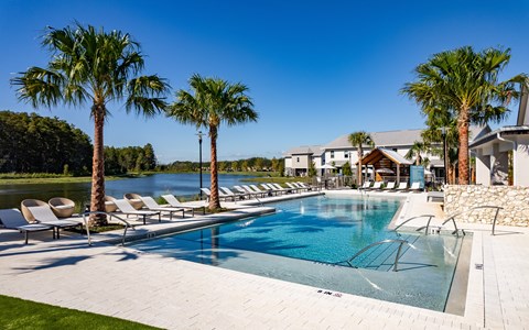 a swimming pool with chairs and palm trees next to a lake