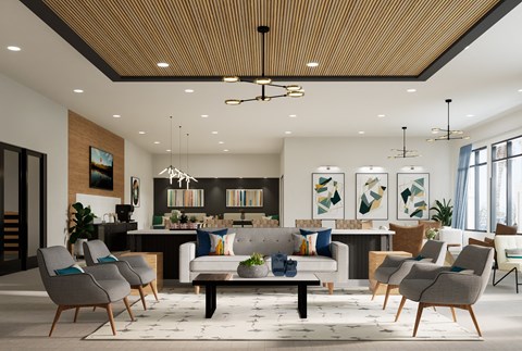 a living room with a couch and chairs and a table