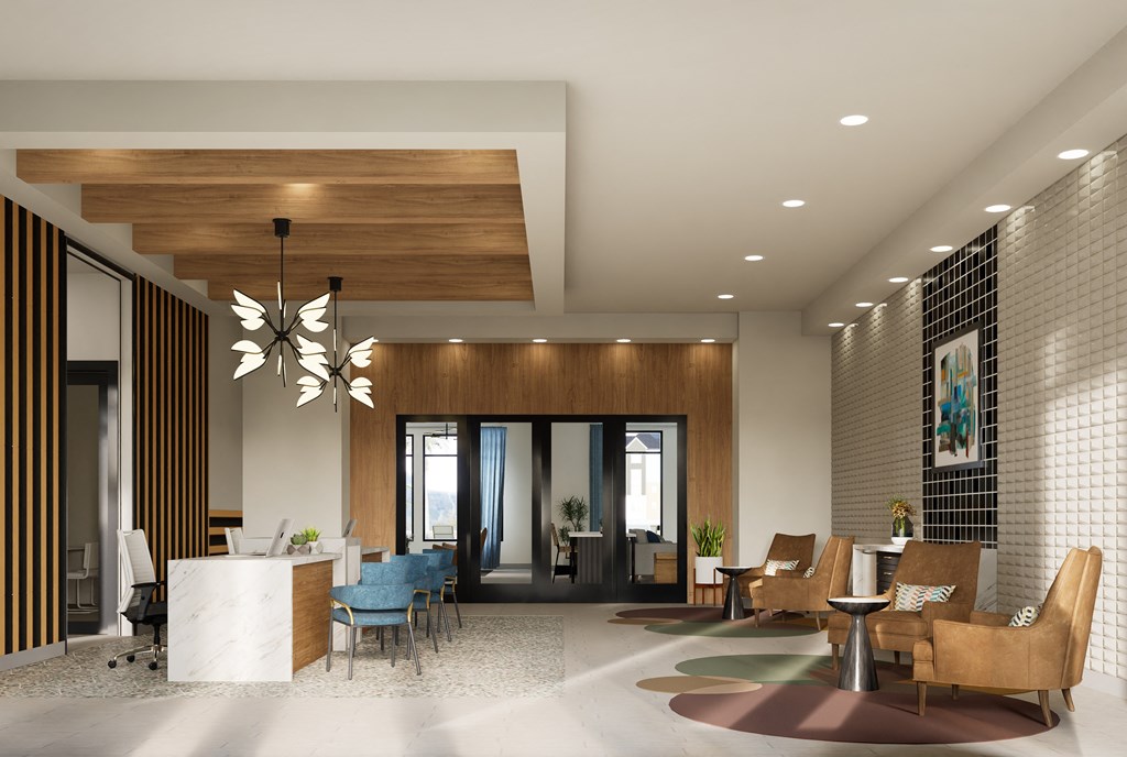 a rendering of a lobby with a reception area and tables and chairs