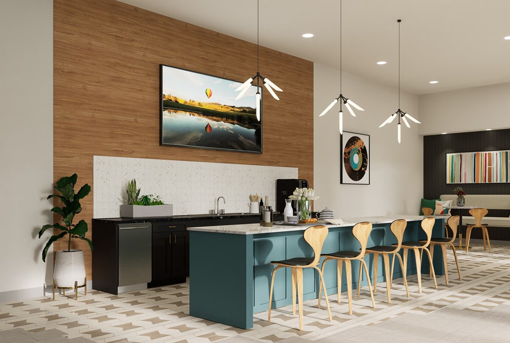 a kitchen and dining room with a blue island and chairs