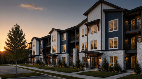 A modern apartment complex with a sunset in the background.