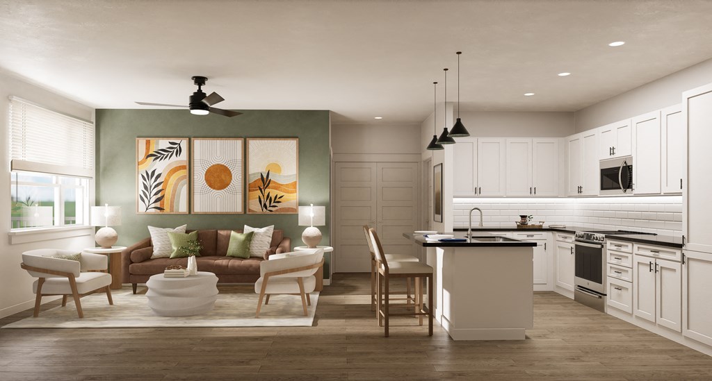 a rendering of a kitchen and living room with white cabinets