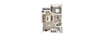 a stylized floor plan with a bedroom and a living room
