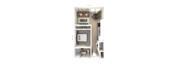 a stylized floor plan with a bedroom and a bathroom