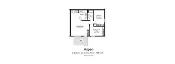 A drawing of a one-bedroom apartment with a living room, kitchen, and bathroom.