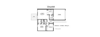 A floor plan of a house named Churchill with two bedrooms and a garage.
