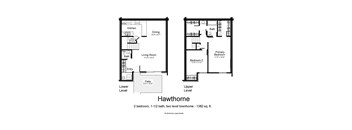 A floor plan of a two bedroom, one bathroom, two level townhome.