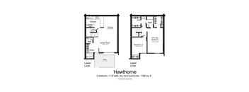 A floor plan of a two bedroom, 1 1/2 bath townhome.