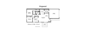 A floor plan of a house named Kingwood with a living room, two bedrooms, a garage, a kitchen, a dining room and a bathroom.