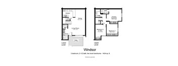 A floor plan of a two-story townhome with 3 bedrooms and 2 bathrooms.
