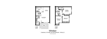 A floor plan of a two-level townhouse with three bedrooms and two bathrooms.