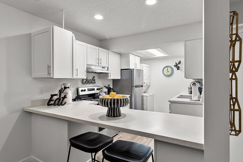 A kitchen with white cabinets and a white countertop.