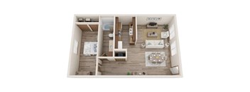 A top-down view of a small apartment with a kitchen, living room, and bedroom.