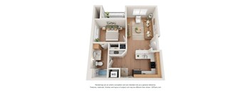 A 3D floor plan of a small apartment with a kitchen, living room, and bathroom.