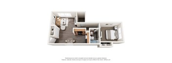 A 3D floor plan of a small apartment with a kitchen, living room, and bathroom.