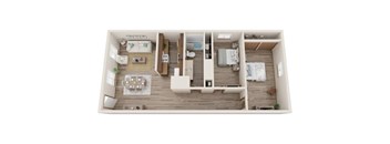 A top-down view of a small, neatly organized apartment.