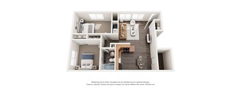 A 3D floor plan of a modern apartment with a kitchen, living room, and bathroom.