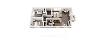 A 3D floor plan of a small apartment with a kitchen, living room, and two bedrooms.