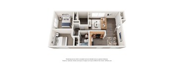 A 3D floor plan of a small apartment with a kitchen, living room, and bedroom.
