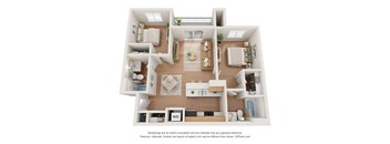 A 3D floor plan of a house with a living room, kitchen, and two bedrooms.