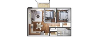 A cutaway view of a room showing the interior layout.