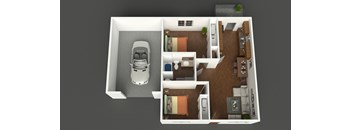 A top-down view of a house layout with a car parked in the driveway.