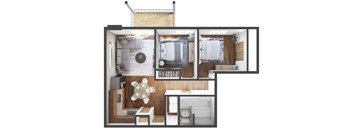 A floor plan of a house with a kitchen, living room, and bathroom.
