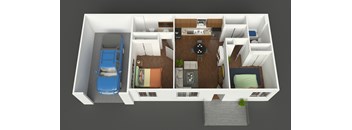 A 3D floor plan of a small apartment with a bedroom, living room, kitchen, and bathroom.