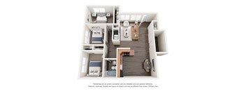 A 3D floor plan of a small apartment with a kitchen, living room, and two bedrooms.