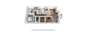 A 3D floor plan of a house with a kitchen, living room, and bedrooms.