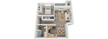 A top-down view of a small apartment with a bedroom, living room, and kitchen.