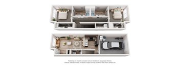 A 3D floor plan of a house with a kitchen, living room, and bedrooms.