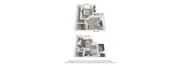 Two images of a floor plan for a 1000 square foot studio apartment.