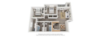 A 3D floor plan of a house with a kitchen, living room, and bathrooms.
