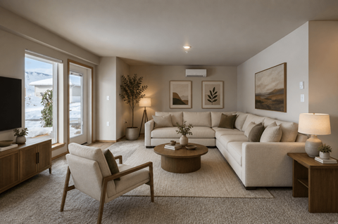 A living room with a white couch, a chair, a coffee table, and a television.
