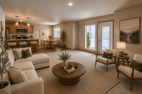 A well-lit living room with a kitchen in the background.
